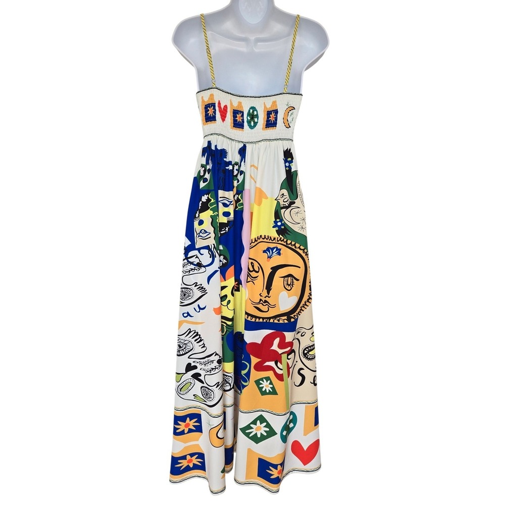 Commense Abstract Sun Moon Smocked Maxi Dress Sz S Artsy Resort Eclectic Soleil - Picture 5 of 10